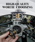 Heavy Duty Engine Thermostat Built Tough To Keep Your Ride Cool And Run Smooth Durable Temp Regulator held above engine parts.