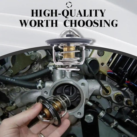 Heavy Duty Engine Thermostat Built Tough To Keep Your Ride Cool And Run Smooth Durable Temp Regulator held above engine parts.