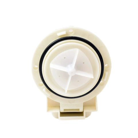 Front view of washing machine drain pump and motor assembly replacement for compatible front load washers, tough, quiet, DIY friendly install, high performance laundry appliance part for home repair, fits 4681EA1007G and similar units