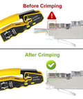 Heavy Duty Cat5e Cat6 Crimp Tool Set For RJ45 RJ11 RJ12 Wiring With Wire Cutter Stripper Pliers And Built In Tester showing before and after crimping