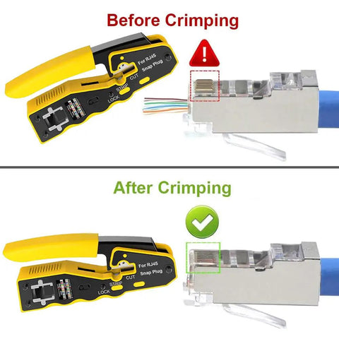 Heavy Duty Cat5e Cat6 Crimp Tool Set For RJ45 RJ11 RJ12 Wiring With Wire Cutter Stripper Pliers And Built In Tester showing before and after crimping