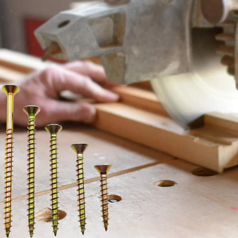 Beefy Heavy Duty Self Tapping Wood Screws 3 Inch Size 10 Flat Head Phillips 100 Piece Kit Galvanized Carbon Steel Brass Finish Deck And Wood Panel Screws For Quick Durable Woodwork, shown in woodwork use
