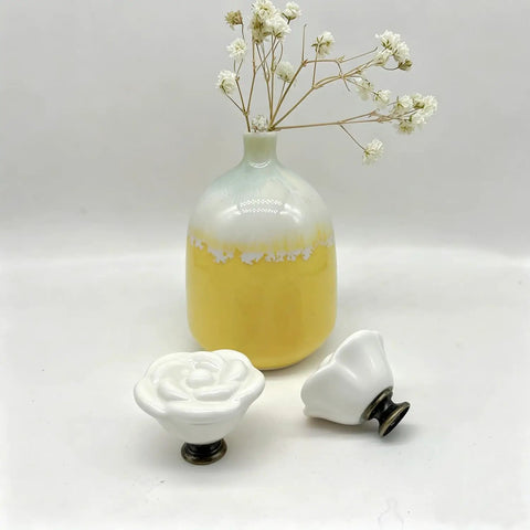 Porcelain Flower Knobs Set Of 10 White Rose Cabinet Pulls For Dresser And Furniture Makeovers Ceramic Drawer Knobs with vase
