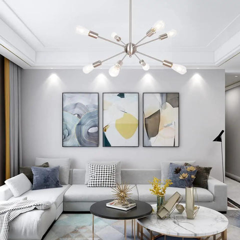Dope Contemporary Sputnik Chandelier 8 Light Brushed Nickel Pendant Lighting Mid Century Starburst Ceiling Fixture For Living Room Dining Room And Foyer Modern Home Decor in a living room