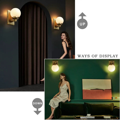 Retro Globe Glass Wall Sconce With White Globe Shade Hardwired Industrial Vanity Light for Bathroom up and down display