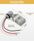 1 Pack Outdoor Photocell Sensor For Lights 120VAC Dusk To Dawn Switch IP54 Waterproof All Weather Outdoor Lighting Sensor For Yard Parking Lot Street Supports Up To 1800W Easy Install side view with wires, 4.21in x 1.73in
