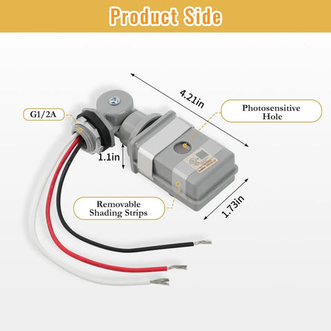 1 Pack Outdoor Photocell Sensor For Lights 120VAC Dusk To Dawn Switch IP54 Waterproof All Weather Outdoor Lighting Sensor For Yard Parking Lot Street Supports Up To 1800W Easy Install side view with wires, 4.21in x 1.73in
