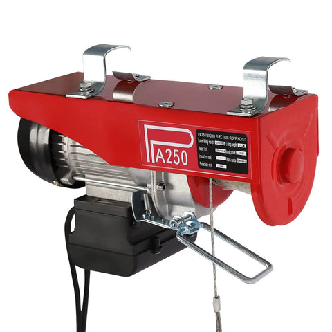 551 Lb Mini Electric Hoist With Emergency Stop Switch, 510 Watt Motor And Wired Control, Compact Portable Winch, red structure.
