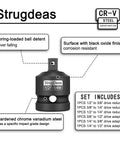 Impact Socket Adapter And Reducer Set In One Quarter, Three Eighths, And One Half Inch Sizes, Chrome Vanadium Steel, labeled details