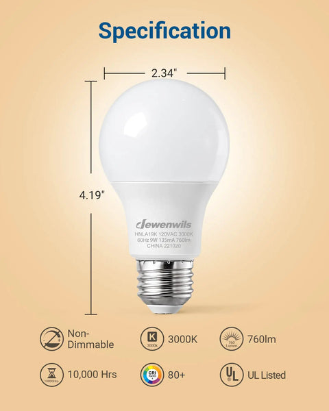 Close-up of 8 Pack A19 LED Light Bulbs 760 Lumens 3000K Warm White Energy Saving E26 60 Watt Replacement Non Dimmable UL Listed
