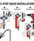 3-step installation guide for Professional Automatic Wire Fishing Tool For Wall Wiring Projects With Electric Drill Adapter in black.