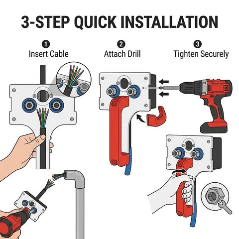 3-step installation guide for Professional Automatic Wire Fishing Tool For Wall Wiring Projects With Electric Drill Adapter in black.