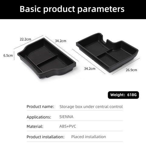 2 Pack Center Console Organizer Lower Tray For Toyota Sienna 2021 2022 2023 2024 2025 2026 Interior Storage Box ABS Tray With Non Slip Mat Black Finish Easy Install Keeps Cup Holders Clutter Free product dimensions and details.