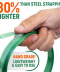 Hand holding green 5/8 Inch Wide PET Polyester Strapping Roll, 4000 Feet Green Pallet Banding, highlighting 80% lighter.