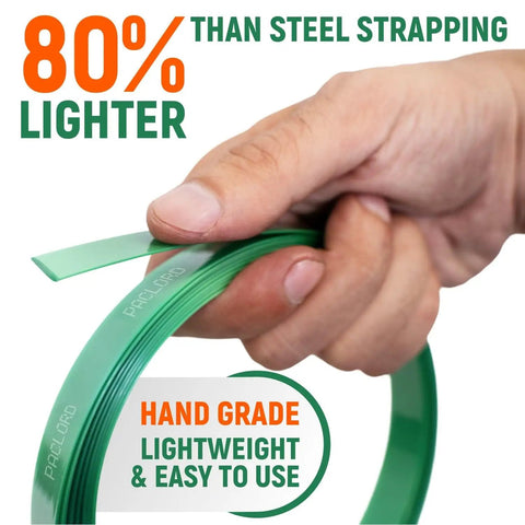 Hand holding green 5/8 Inch Wide PET Polyester Strapping Roll, 4000 Feet Green Pallet Banding, highlighting 80% lighter.