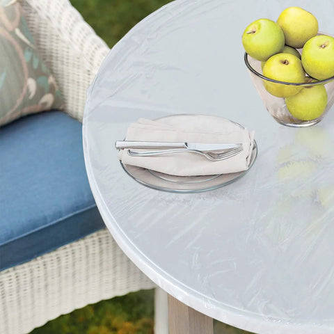 Round Waterproof Table Cover With Elastic Edges Fitted Vinyl Tablecloth Clear For 45 To 56 Inch Round Tables Stays Put No Clips Needed Windproof And Spill Resistant Table Protector For Any Event