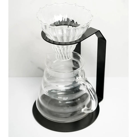 Top Shelf Iron Pour Over Coffee Dripper Rack With Rock Solid Frame Matte Black Filter Holder Stand and Precision Brewing Support in use