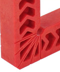 Close-up of a red heavy duty plastic corner clamp from a 12 Pack Heavy Duty Plastic Corner Clamps For Woodworking Right Angle Frame Assembly Jig With Badass Non Slip Grip For DIY Furniture And Cabinetry No Sweat Setup Every Time.