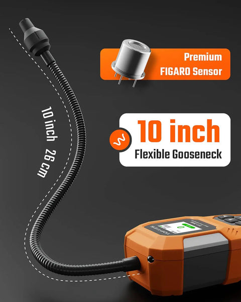 Rechargeable Gas Leak Detector With 10 Inch Goose Neck And Fast Active Sampling Fan Detects Methane And Butane From Zero To Twenty Percent LEL Three Alarm System With Dual Display Modes For Home Or Industrial Use showing flexible neck and sensor