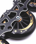Close-up of black star-pattern 110mm wheels with frame from Six Pack 110mm Outdoor Inline Skate Wheels With ABEC11 Bearings 88A Urethane High Rebound