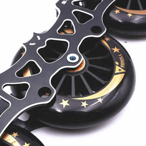 Close-up of black star-pattern 110mm wheels with frame from Six Pack 110mm Outdoor Inline Skate Wheels With ABEC11 Bearings 88A Urethane High Rebound