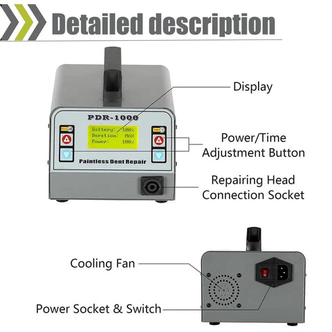 Paintless Dent Repair Kit With Induction Heater For Quick Dent Removal, 1000W PDR Tool display and controls detail