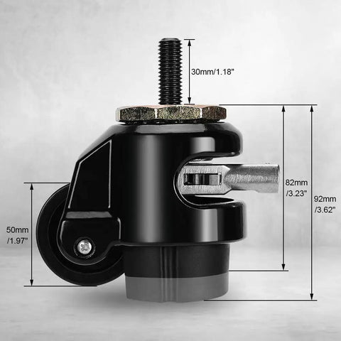Top Notch Heavy Duty Leveling Stem Casters Set of Four Premium Aluminum Alloy Retractable Furniture Mobility Kit Smooth Rolling Shop Cart Wheels With Adjustable Feet For Shelving and Workbenches Hella Strong High Capacity Black close-up of black caster wheel showing dimensions.