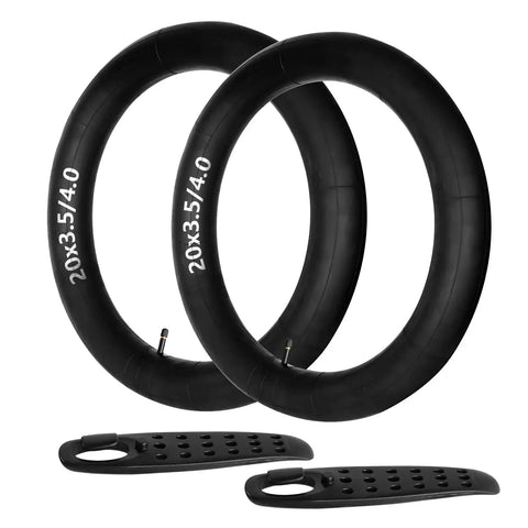 Two Pack 20 Inch Fat Bike Tubes 20X4 Heavy Duty Butyl Inner Tubes With 32mm Schrader Valve For E Bikes And Mountain Bikes Includes Two Tire Levers For Quick Repairs, displayed with two tire levers in front