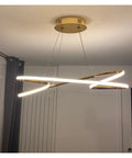 Sleek Gold Chrome Plated Modern LED Ceiling Light Fixture For Contemporary Dining Room And Kitchen Island Showstopper With Dimmable Functionality and Robust Aluminum Construction, suspended design.