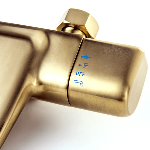 Top Shelf Thermostatic Shower System Wall Mounted Rain Shower Combo Set With 12 Inch High Pressure Shower Head And Slick Waterfall Bathtub Spout Heavy Duty Stainless Steel Bath Upgrade control knob in brass finish.