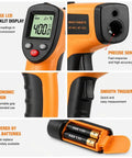 Non Contact Infrared Thermometer Gun With Laser Pointer And Backlit LCD Fast Half Second Readings From Minus 58 To 752 Degrees Fahrenheit Built For Cooking HVAC And Auto DIY Boss Level Quick Readouts, orange and black handheld infrared thermometer with AAA battery compartment