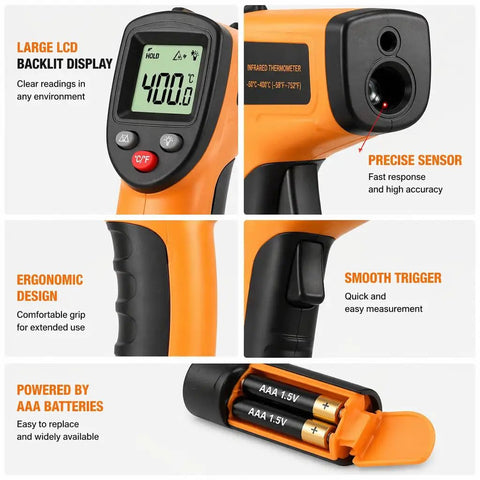 Non Contact Infrared Thermometer Gun With Laser Pointer And Backlit LCD Fast Half Second Readings From Minus 58 To 752 Degrees Fahrenheit Built For Cooking HVAC And Auto DIY Boss Level Quick Readouts, orange and black handheld infrared thermometer with AAA battery compartment