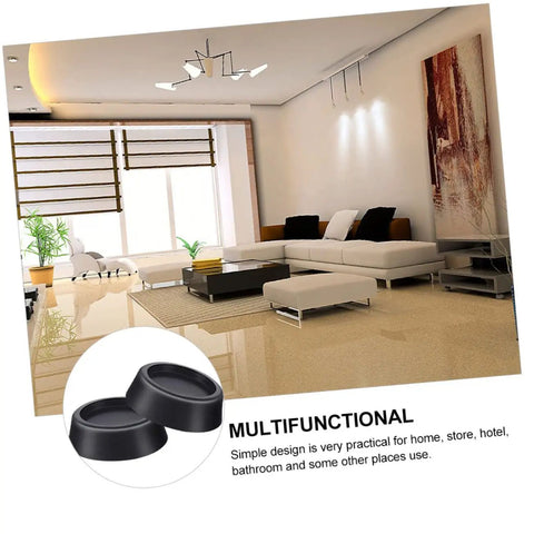 Living room with beige furniture and decor, inset showing 4 Pack Anti Slip Washing Machine Foot Pads With Shock Absorbent Rubber Bases.