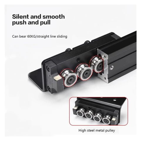 Glides Like Butter With Knockout Quick Release Latches For Zero Hassle Kitchen Cabinetry Setup And Heavy Duty Full Extension Drawer Slides That Pull Out Smooth As A Dream On This One Meter Span. Close-up of high steel metal pulleys on drawer slide.