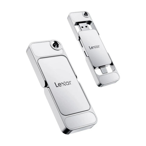 D70E 1TB External SSD with dual USB C and USB A, silver metal casing, open and closed view, Lexar branding visible