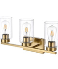 Clean Three Light Bathroom Vanity Wall Sconce In Smooth Brushed Gold Finish With Clear Retro Glass Shades, three light design.