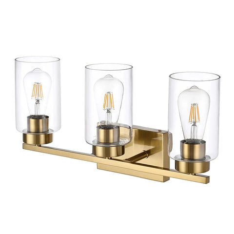 Clean Three Light Bathroom Vanity Wall Sconce In Smooth Brushed Gold Finish With Clear Retro Glass Shades, three light design.