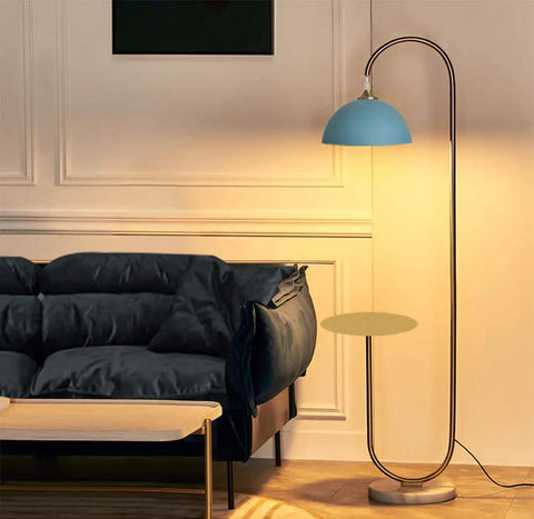 Modern Standing Floor Lamp With Built In Table For Bedroom Or Living Room Ideal For Reading Brushed Brass Finish With Blue Lampshade Sleek Minimalist Design For Cozy Ambient Lighting