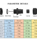 Diagram of 20 Piece Waterproof Cable Glands Set With NPT Threads In One Quarter, One Half, And Three Quarter Inch Sizes and specifications.