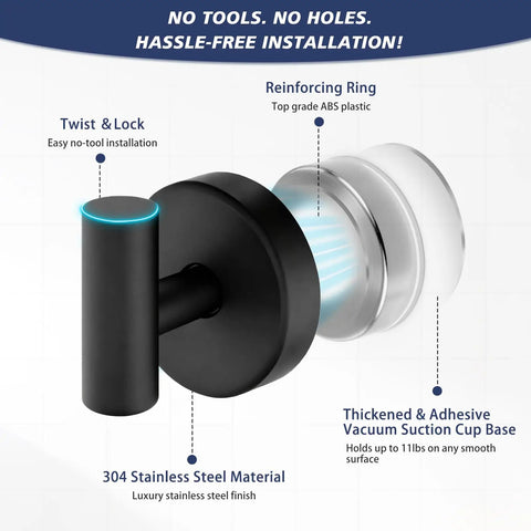 No Sweat Heavy Duty Suction Cup Shower Hooks In Matte Black For Easy Bathroom Setup With Solid Grip Twist Lock Design.