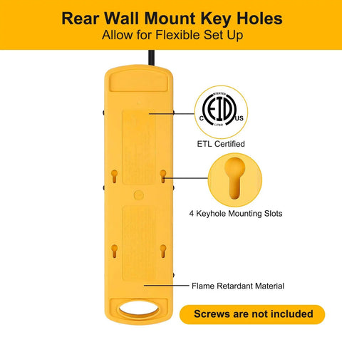 Beefy Built Metal Surge Protector Power Strip With Eight Outlets And USB Ports Nine Foot Long Extension Cord 1800 Joules 15A 125V Wall Mountable back view showing keyhole mounting slots and flame retardant material.