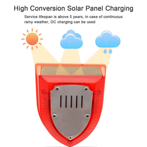 High conversion solar panel charging on all weather water level alarm with dual probes solar powered 129 dB red strobe siren