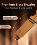 Close-up of AD5X 3D Printer Nozzle Kit brass nozzle, highlighting heat resistance and corrosion resistance, marked 0.4mm.