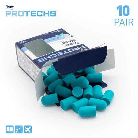 Box of Flents Protechs teal ear plugs scattered, Reusable Sleep Ear Plugs With Travel Case 10 Pairs For Deep Snore-Free Sleep, Noise Blocking NRR 29, Soft Foam Comfort Fit For Travel, Airplane Or Shared Rooms, Made In The USA