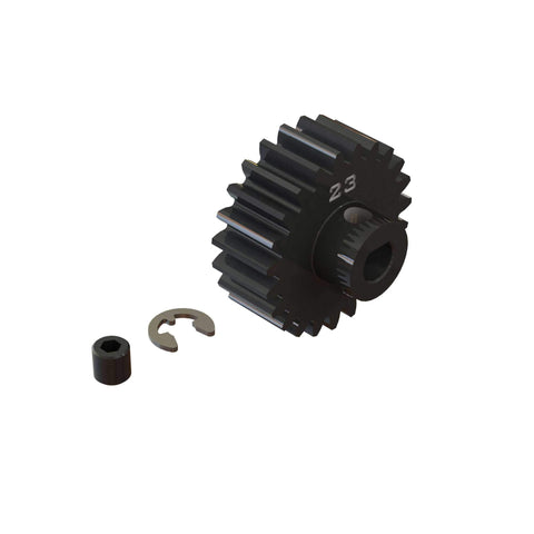 23T High Durability Mod 1 Safe D5 RC Pinion Gear, tough steel, wide tooth, ideal spare part for extreme RC runs, Model ARA310970, with accessories