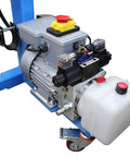 Close-up view of the motor and hydraulic system of the Built Tough 10 Ton Electric Hydraulic Pipe Bender for steel tubing.