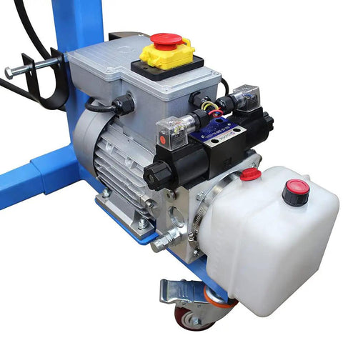 Close-up view of the motor and hydraulic system of the Built Tough 10 Ton Electric Hydraulic Pipe Bender for steel tubing.