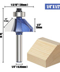 Four Pack 45 Degree Chamfer Router Bit Set With One Quarter Inch Shank Carbide Edges For Beveling And Wood Profiling