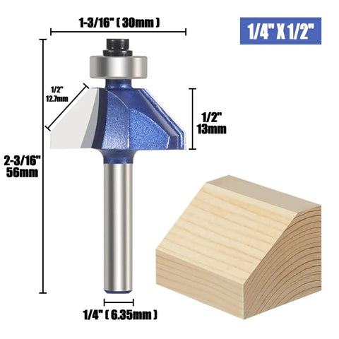 Four Pack 45 Degree Chamfer Router Bit Set With One Quarter Inch Shank Carbide Edges For Beveling And Wood Profiling