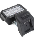 Close-up of ABS Flood Light 15 LEDs Compatible with 18V Li-Ion Packs, showing LED array and battery connector.